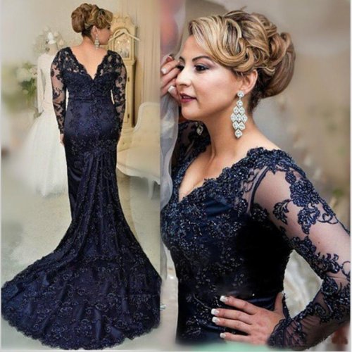 Image of Elegant Navy Blue Mermaid Mother of the Bride Dress with Long Sleeves, V-Neck and Lace Applique for Wedding Party Events