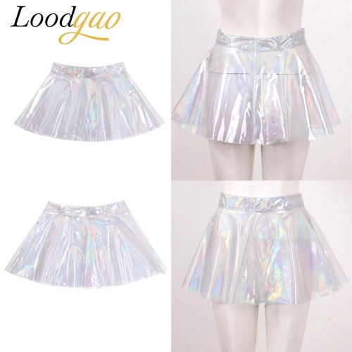 Image of Shiny High-Waisted Flared Mini Skirt for Women – See-Through Glossy Clubwear with Zipper Detail for Raves, Parties, and Fashion Events