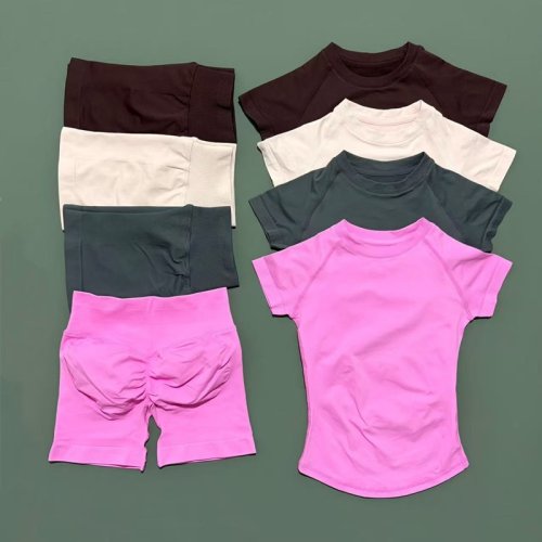 2-delige HISTELLO Impact Gym Sets Korte mouw Naadloze Yogakleding Fitnessset Dames Workout Hardlopen Sport Korte legging Pak