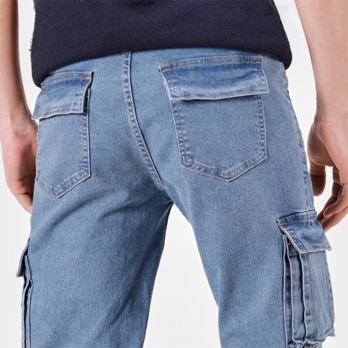 Imagen de Pantalones Cargo de Mezclilla con Cintura Elástica para Hombre – Estilo Urbano, Vaqueros Informales Ajustados y Lavados en Color Sólido con Múltiples Bolsillos para Uso Diario