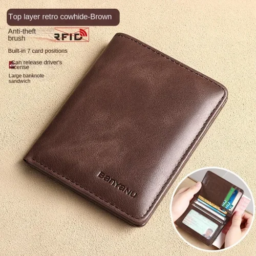 Imagen de Cartera Rfid de cuero genuino para hombre, billeteras verticales delgadas, tarjetero de identificaci...