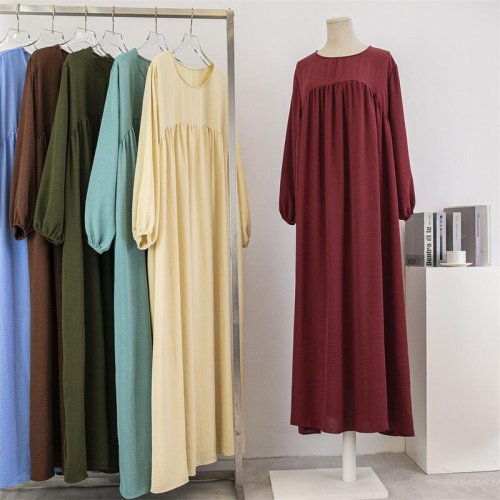 Image of Elegant Loose Maxi Dress for Women – Modest Muslim Fashion with Full Sleeves, Solid Color, Pockets, and Casual Long Robe Style for Spring and Autumn