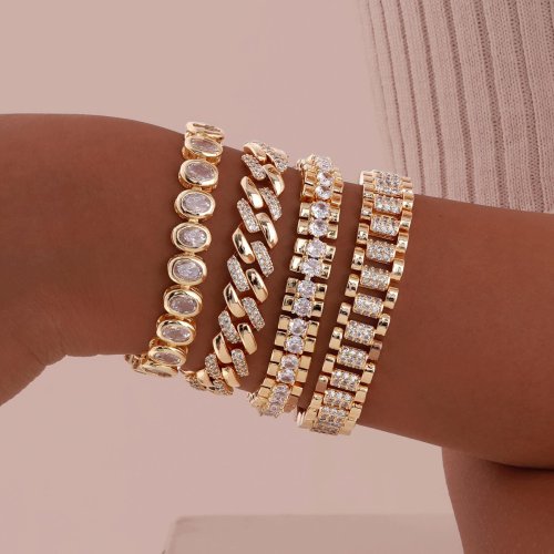 Image of Elegant 14K Gold-Plated Paperclip Chain Bracelet with Cubic Zirconia – Chunky Link Adjustable Stackable Jewelry for Women and Girls