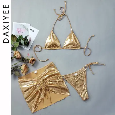 Image de Bikini 3 Pièces Doré Argenté Brillant - Sexy & Tendance