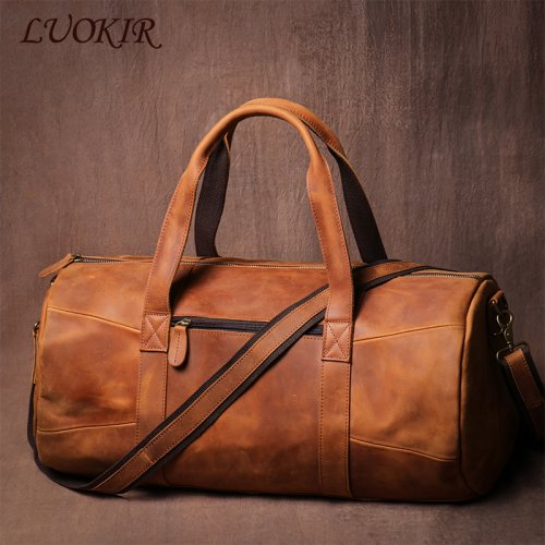 Bild von Luxus Echtleder Reisetasche für Herren – Vintage Design mit Pferdemotiv, Rindsleder Schultertasche, Lässige Weekender-Tasche aus echtem Leder