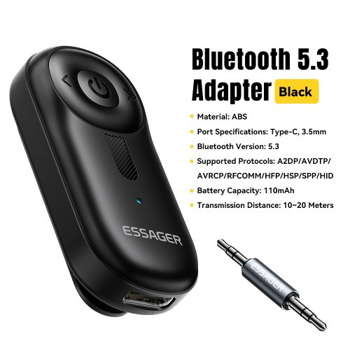 Immagine di Essager Adattatore Bluetooth 5.3 Jack AUX da 3,5 mm per ricevitore audio musicale Altoparlanti per auto Auricolare Tablet Laptop Ricevitore per auto Bluetooth