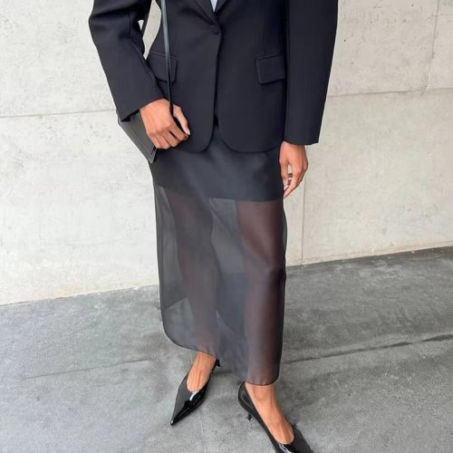 Image of Tornova Women's Black Mesh High-Waisted Skirt with Double Layer Design, Sexy Slit and Loose Fit – Summer Fashion Statement