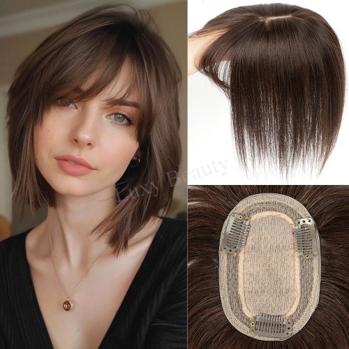 Image of Natural Brown Human Hair Topper with Bangs for Women – 8x12cm Black Highlights, Blonde Skin Scalp, Clip-In Hair Pieces Made from Real Human Hair