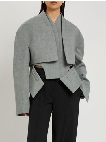 Imagen de Chaqueta Blazer Irregular gris elegante para mujer, abrigo corto holgado de retazos de manga larga con hombrera a la moda, abrigos de calle para mujer 2026