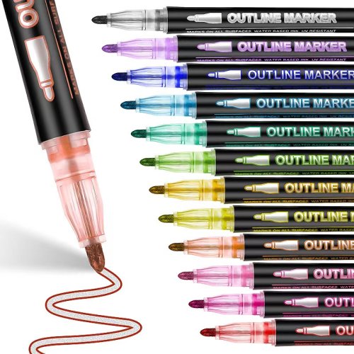Immagine di Penna Contorno Doppia Linea per Bambini in Metallo Colorato con Inchiostro Fluorescente – Ideale per Disegni, Graffiti e Biglietti di Auguri