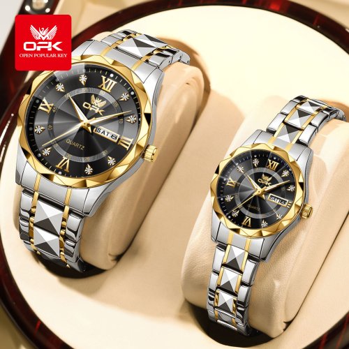 Imagen de Reloj de pareja de la marca OPK, reloj de diamantes resistente al agua, relojes de oro con pantalla de calendario dual 6023