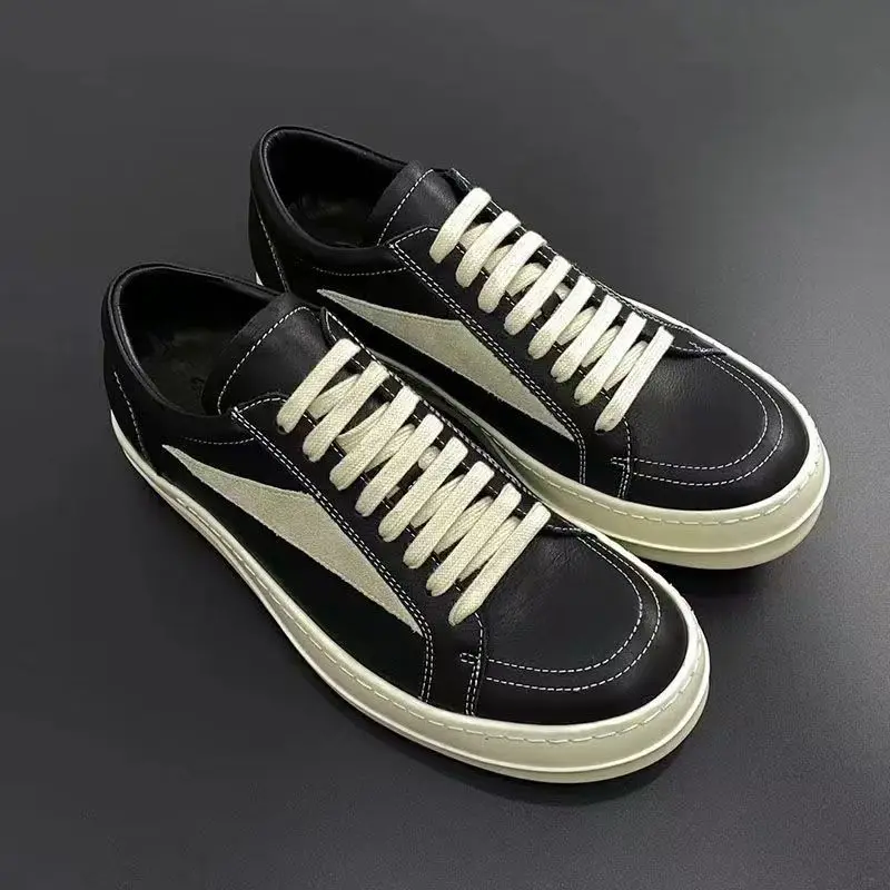 Image of Men's Genuine Leather Casual Shoes with Thick Soles – Fashionable Flat Skate Sneakers for Young Men, Lace-Up Design, Sizes 36-46