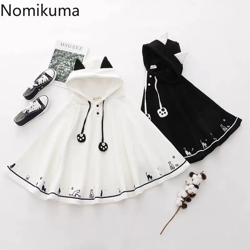 Immagine di Poncho giapponesi Autunno Inverno Abbigliamento Giacche carine per le donne Orecchie di gatto Cappotti oversize con cappuccio Y2k Top Moda Mantelle dolci 49C648