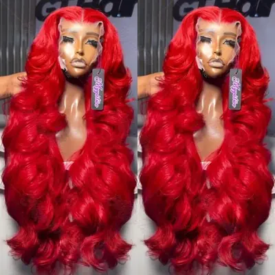 Image de Perruque Lace Frontal Rouge Vif Ondulée Cheveux Humains