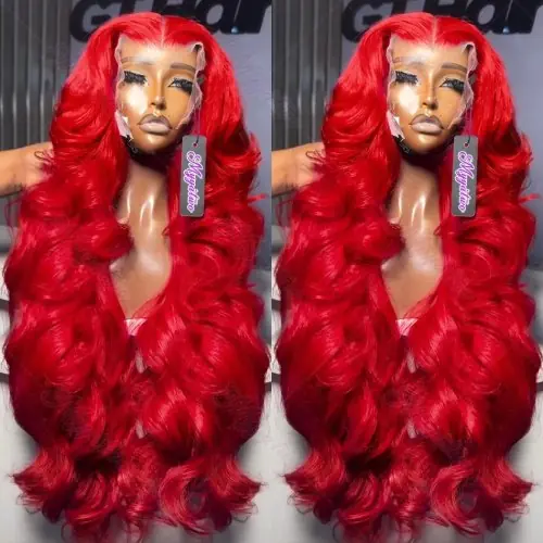 Image de Perruque Lace Frontal Rouge Vif Ondulée Cheveux Humains