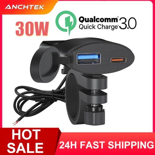 Immagine di Caricatore USB QC3.0 da 30W per Moto con Staffa Impermeabile IP67, Porta USB-C per Telefono e Fotocamera Digitale