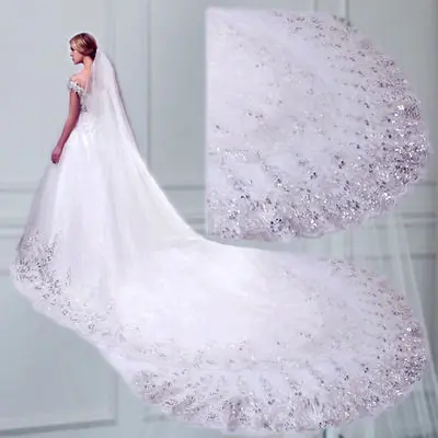 Image de Voile de Mariée Dentelle Paillettes - Queue Large Élégante