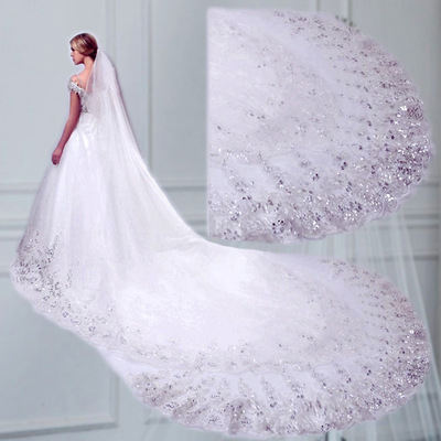 Image of Elegant Wide Tail Single Layer Sequin Lace Bridal Wedding Veil for Romantic Party and Wedding Occasions 2025
