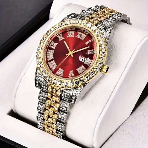 Image of Men's Hip Hop Watch: Vintage-Inspired Retro Quartz Timepiece with Oversized Rhinestone Dial and Durable Stainless Steel Band