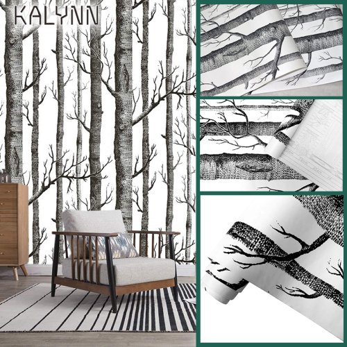 Imagen de Papel Pintado 3D Autoadhesivo con Diseño de Bosque de Abedul en Blanco y Negro, Vinilo Mural para Salón y Dormitorio, 6 metros x 45 cm