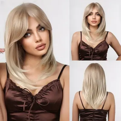 Image de Perruque Longue Platine Blond avec Frange - Synthétique Résistant à la Chaleur