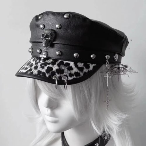 Zdjęcie Damski Beret ze Skóry PU w Stylu Punk Vintage – Płaska Czapka Wojskowa, Codzienna i Wytrzymała, Idealna na Zewnątrz