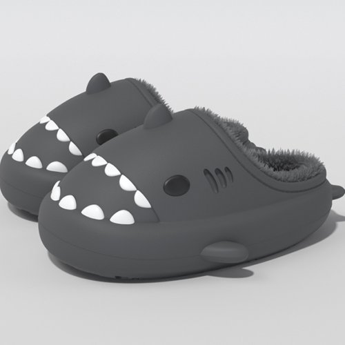Image of Cozy Winter Men's Shark Slippers – Plush Fuzzy Cartoon Design, Waterproof Outdoor Cotton Slippers for Comfort and Style