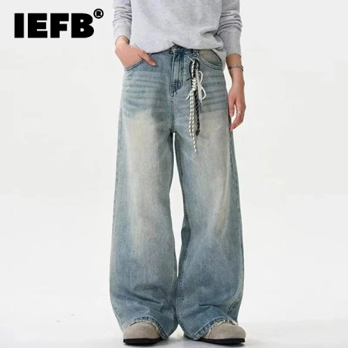 Image of Men's Distressed Solid Color Washed Summer Jeans – Loose Wide Leg Casual Straight Fit with Moustache Effect Bottoms