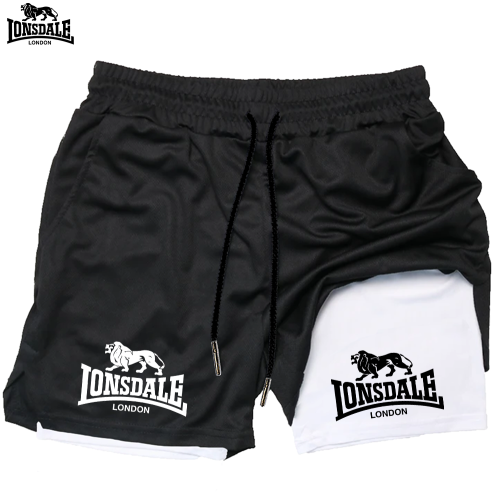 Zdjęcie Męskie spodenki sportowe LONSDALE z nadrukiem, dwuwarstwowe, 2w1, szybkoschnące, do fitnessu, na zewnątrz, do treningu i rekreacji.