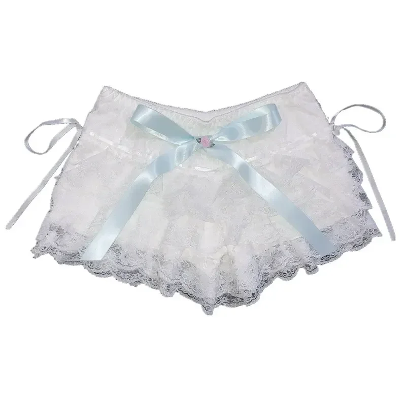 Immagine di Pantaloncini in pizzo multistrato Donna Nastri Lolita Volant floreali Vita elastica Pantaloncini con fondo carino per vestiti Kawaii per ragazze dolci