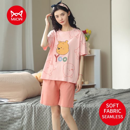 Image of Cozy Cotton Women's Pajama Set with Cute Cartoon Print – Short Sleeve Top and Shorts for Comfortable Sleepwear at Home