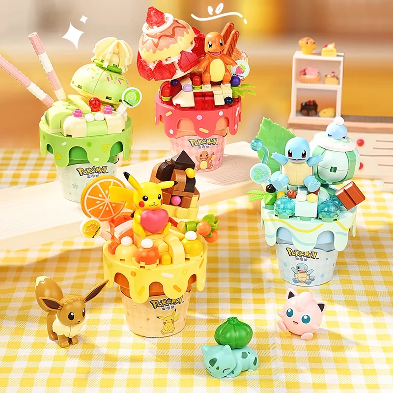 Image of Pokémon Building Blocks Set Featuring Pikachu, Squirtle, Jigglypuff, and Ice Cream Model – DIY Brick Construction Toy for Kids – Desktop Collection & Decorative Gift