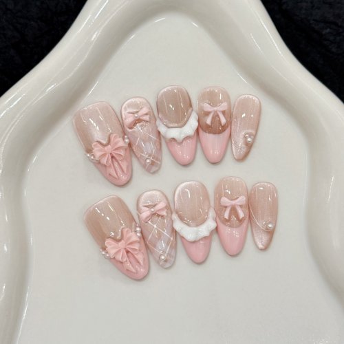 Afbeelding van 10 stuks handgemaakte pers op nagels Franse Cat Eye roze strik decor Koreaanse kunstnagels draagbaar volledige dekking ins amandel valse nageltips