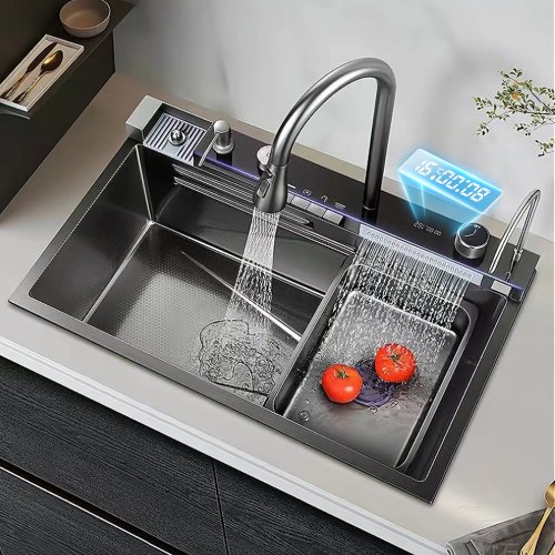 Imagen de Fregadero de Cocina de Acero Inoxidable 304 con Grifo de Cascada y Pantalla Digital Integrada, Dispensador de Jabón y Lavadora de Tazas - Diseño Moderno y Funcional