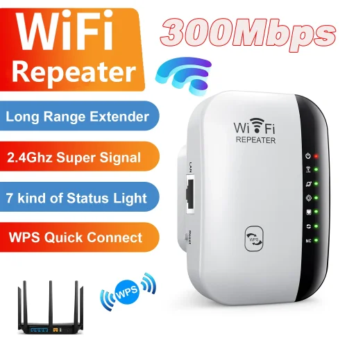 Afbeelding van Draadloze WiFi Repeater 300 Mbps - Versterker en Extender voor Sterke Internetverbinding tot Lange Afstand met WPS & 7 Statuslichtjes
