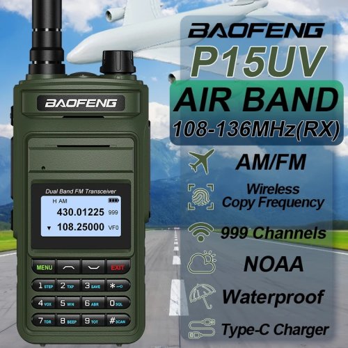 Immagine di Baofeng P15UV Walkie Talkie Multibanda con Ricevitore NOAA, FM/AM, Air Band, Radio Bidirezionale a Lungo Raggio per Radioamatori e Uso Professionale