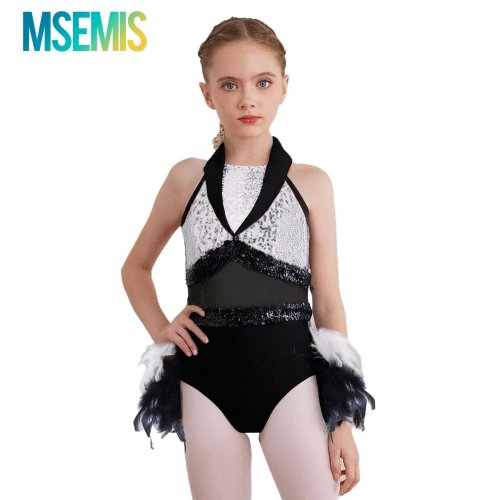 Image of Girls' Sparkling Sequin Dance Leotard with Feather Accents – Perfect for Gymnastics, Jazz, Latin & Stage Performances