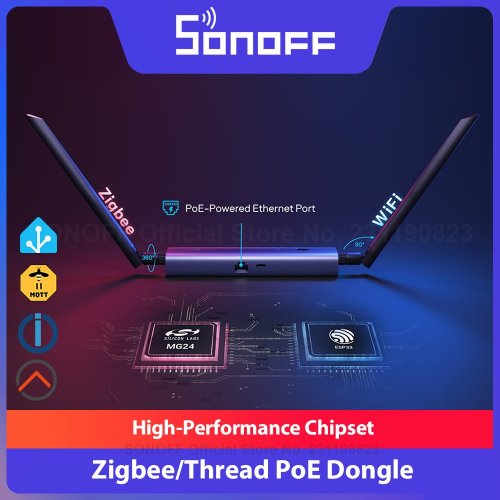 Imagen de Dongle Sonoff Max Zigbee & Thread con Conexión PoE, Chipset de Alto Rendimiento y Antena Dual para Redes Inteligentes con Ethernet, Wi-Fi y USB
