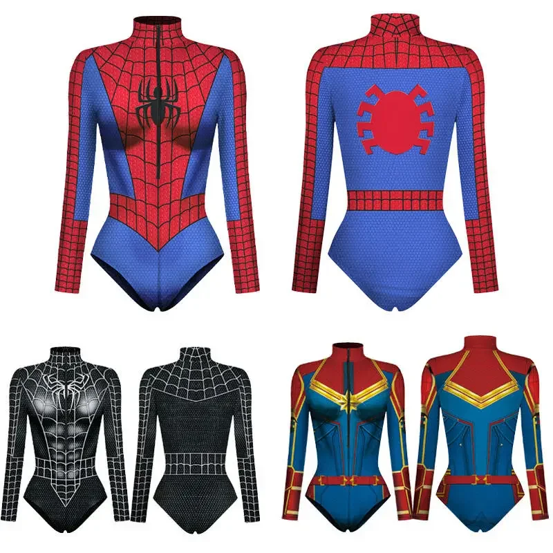 Immagine di Costume da Bagno Donna Supereroi: Spider-Man, Capitan Marvel, Pantera Nera – Body con Maniche Lunghe per Cosplay e Halloween