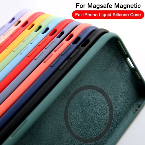Immagine di Custodia Magnetica in Silicone Liquido Originale per iPhone 14, 13, 12, 11, 15 Pro Max con Compatibilità MagSafe – Protezione Antipioggia e Ricarica Senza Fili