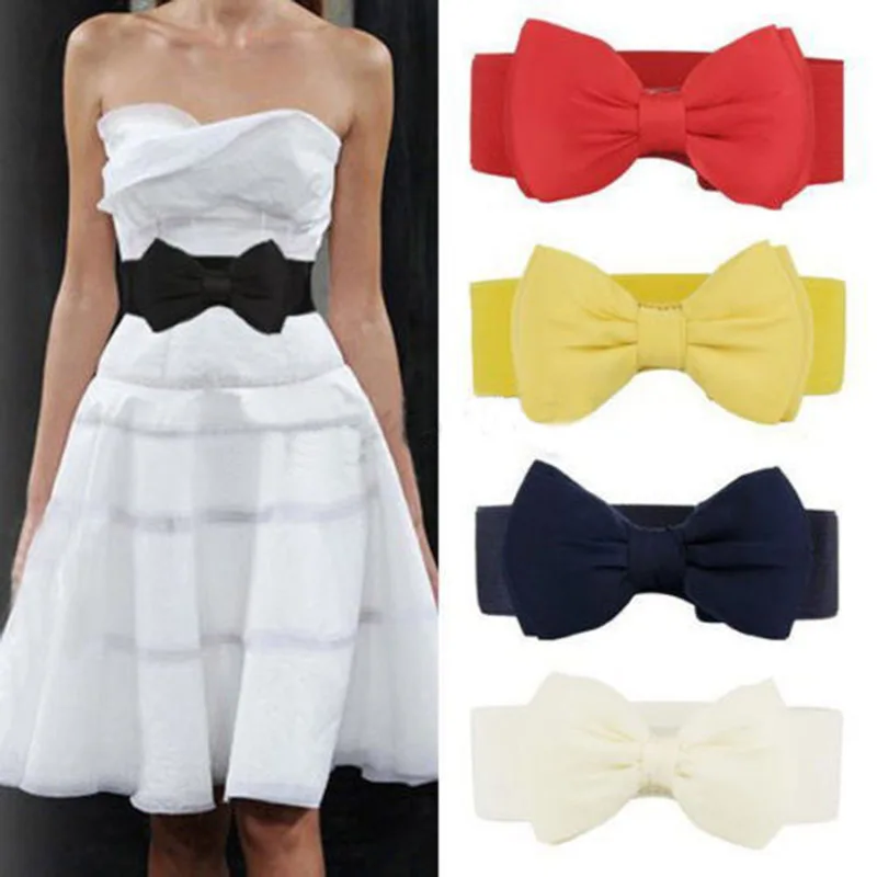 Image of Elegant Summer Wide Elastic Waistband Belt with Big Bow Design – Stretchy Vintage Cinch Belt for Women and Girls