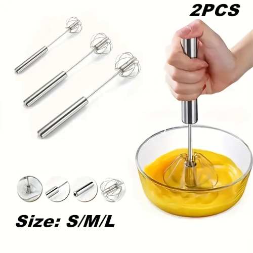 Image of Natural Stainless Steel Manual Egg Beater – Self-Turning Hand Mixer for Effortless Whisking & Mixing in the Kitchen