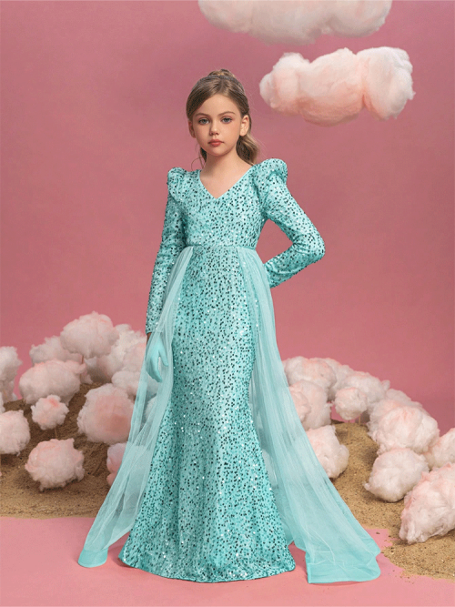 Image of Elegant V-Neck Green Long Sleeve Shiny Floor-Length Evening Dress for Girls – Perfect for Birthday Parties, Weddings, and Flower Girl Occasions in Candy Colors