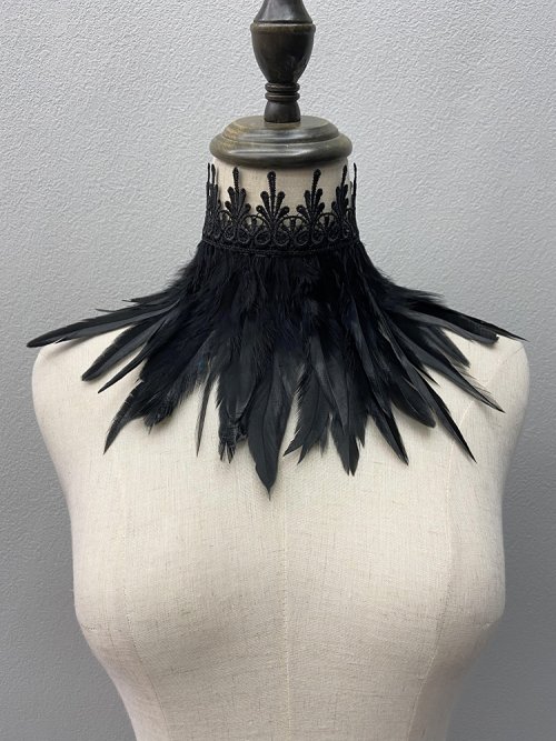 Zdjęcie Elegancki czarny kołnierz choker z naturalnymi piórami i koronką – seksowna osłona na szyję w stylu punk, idealna jako peleryna na imprezę lub cosplay
