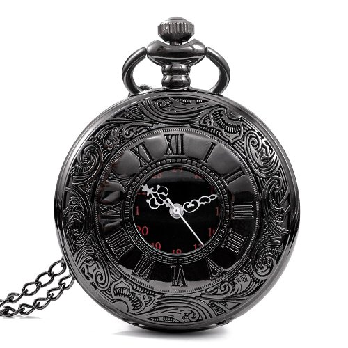 Imagen de Reloj de Bolsillo Steampunk con Cadena para Hombre, Collar con Dije Antiguo en Negro, Números Romanos, Movimiento de Cuarzo, Estilo Moda Unisex