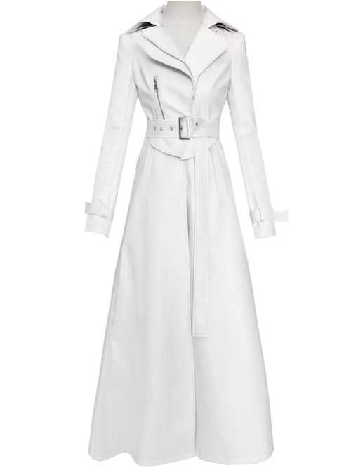 Image of Elegant White Fitted Long PU Leather Coat for Women with Zipper and Belt – Chic, Luxurious Designer-Style Outerwear for Spring and Autumn 2024