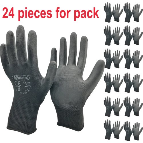 Image of 24Pieces/12 Pairs Safety Working Gloves Black Pu Nylon Cotton Glove Industrial Protective Work Gloves NMSafety Brand Supplier