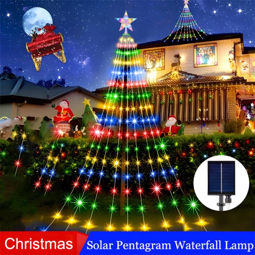 Image of Solar-Powered Five-Pointed Star Waterfall Fairy Lights – Waterproof Outdoor Decor for Christmas Tree, Garden, Party & New Year's Eve