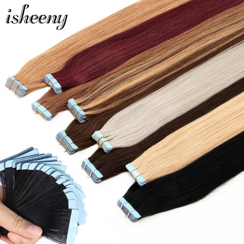 Image of Natural Straight Blonde Human Hair Extensions with Invisible Tape Weft – 20pcs Premium Skin Weft for Seamless, Undetectable Volume & Length