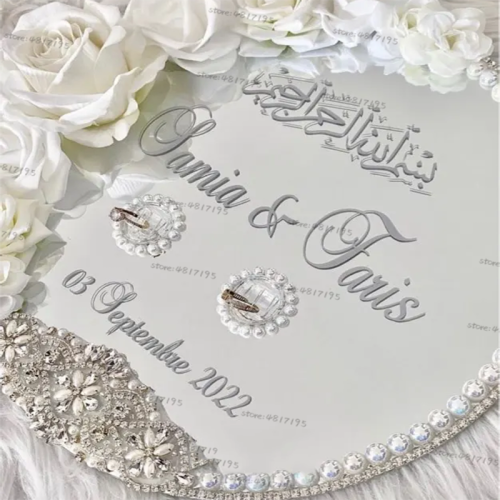 Immagine di Adesivi Personalizzati per Targhe Nuziali con Specchio Musulmano - Piastra Nikkah con Nomi e Date Customizzabili per Matrimoni Islamici